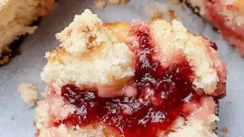 Vanilla cream and strawberry jam streusel buns on a rustic table.