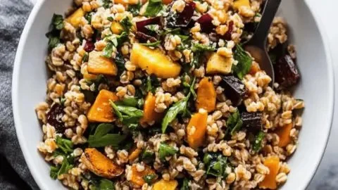 Warm farro salad with roasted root vegetables for a cozy dinner option