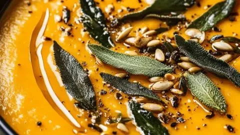 Bowl of roasted pumpkin soup topped with sizzled sage leaves