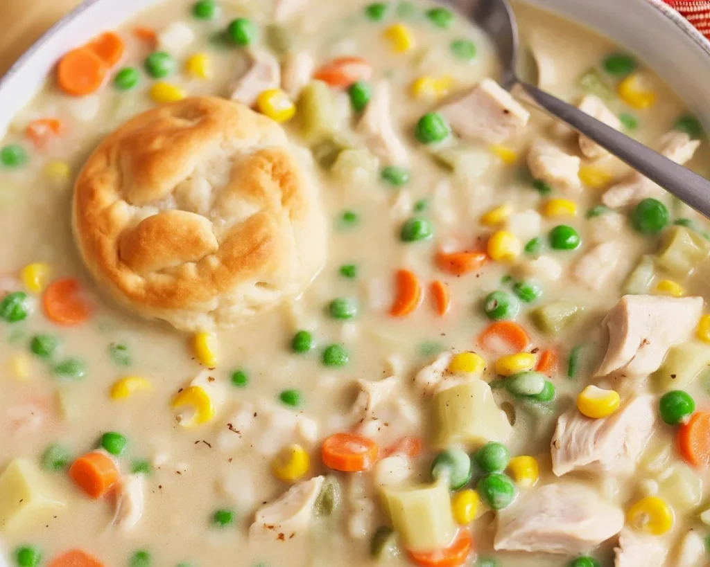 Creamy Chicken Pot Pie Soup with tender chicken and vegetables in a hearty broth.