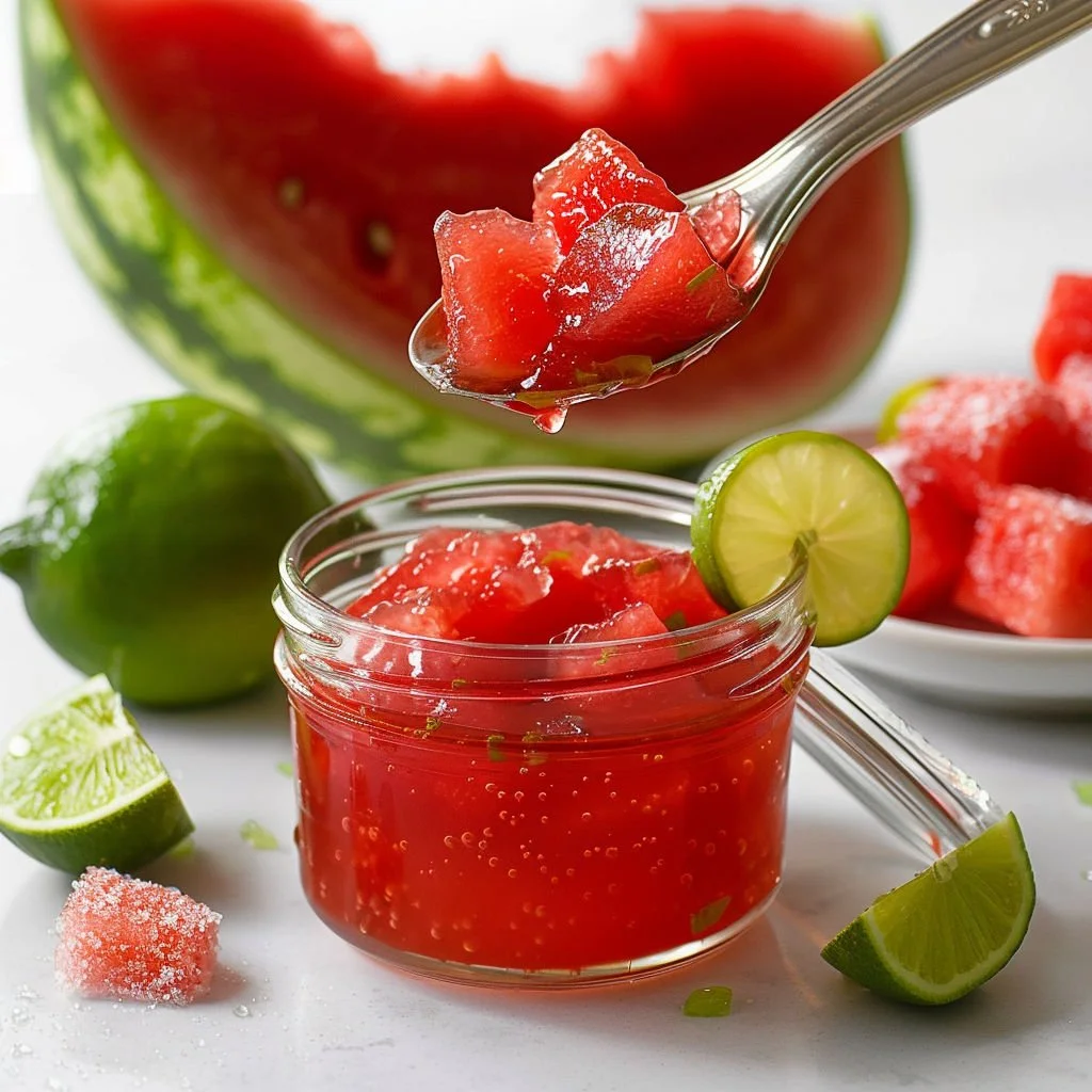 A jar of homemade watermelon lime jelly preserves with fresh fruit slices.