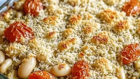 Delicious white bean and pesto bake casserole served in a dish