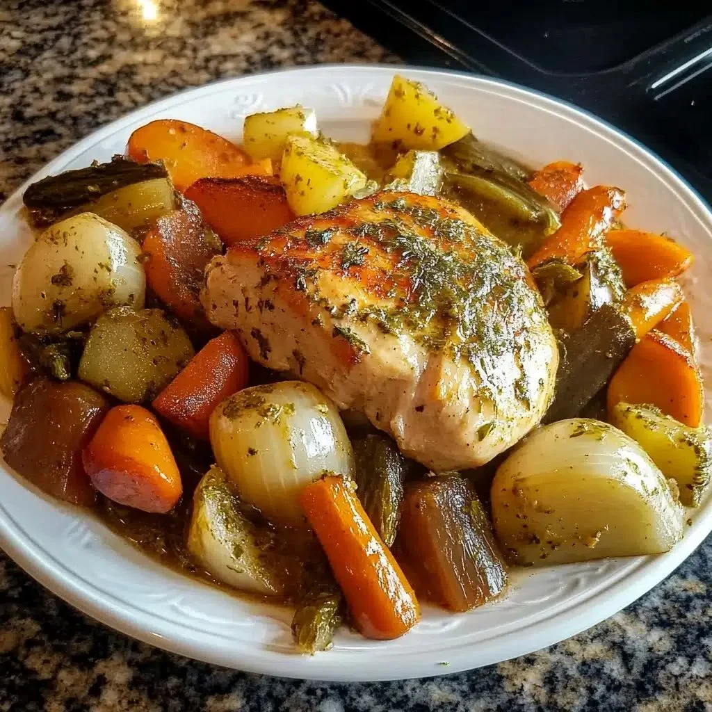 Slow Cooker Harvest Chicken served with vegetables and herbs for healthy dinner.