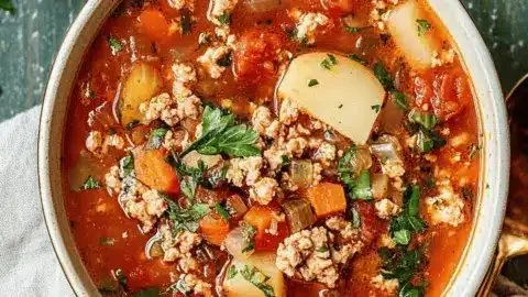 Bowl of wholesome ground turkey vegetable soup on a cozy table setting