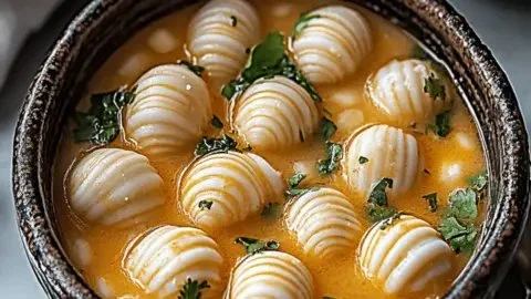 Bowl of wholesome Mexican Shell Soup garnished with fresh herbs and lime.