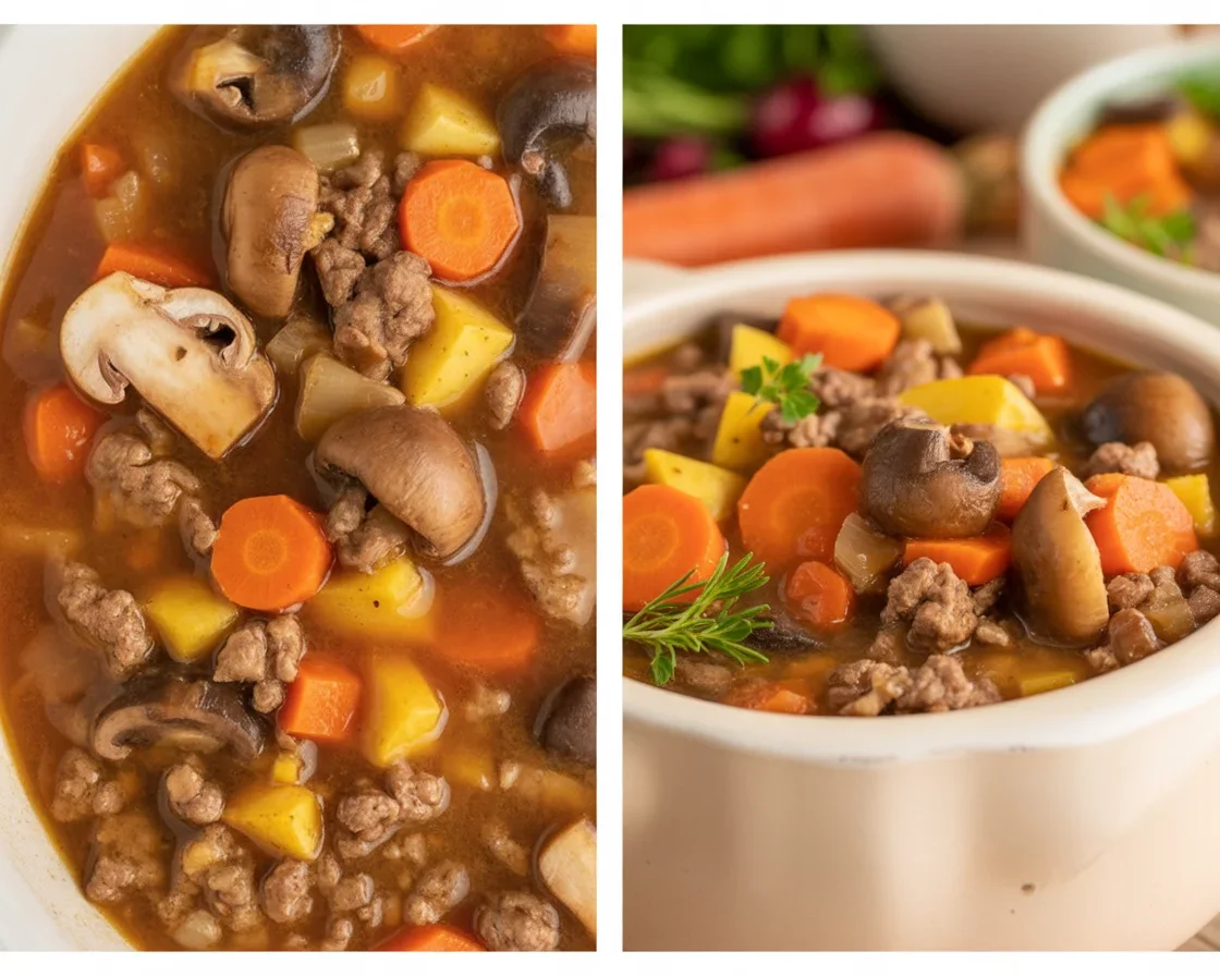 Delicious Witch's Cauldron Beef Stew with tender meat, veggies, and spices in a slow cooker.