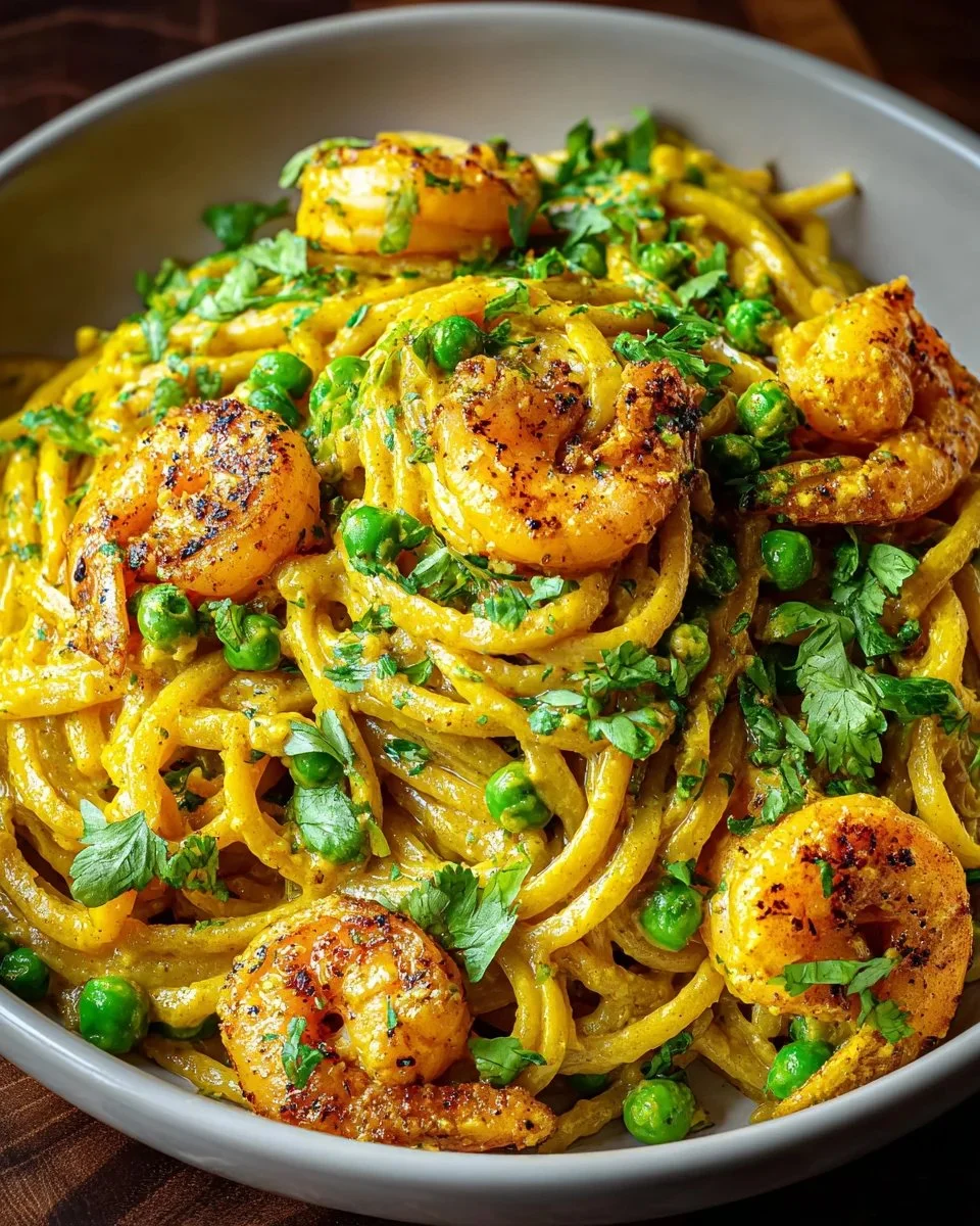 Plate of yellow curry shrimp pasta garnished with herbs and spices