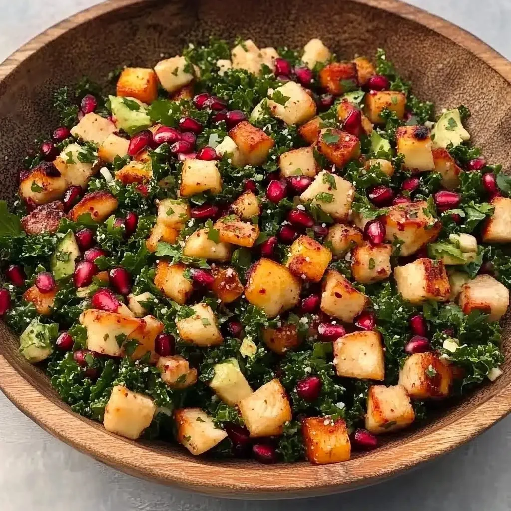 Colorful citrus pomegranate kale salad topped with honey-lemon vinaigrette