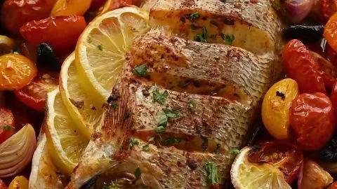 Zesty Lemon Roasted Sea Bass garnished with herbs and lemon wedges