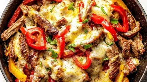 Zesty one-pan Philly cheesesteak dinner with peppers and onions