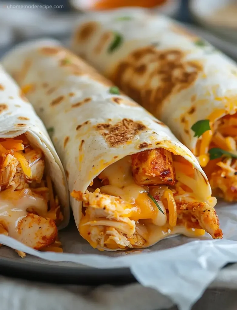 Crispy air fryer chicken wraps served on a plate with fresh veggies