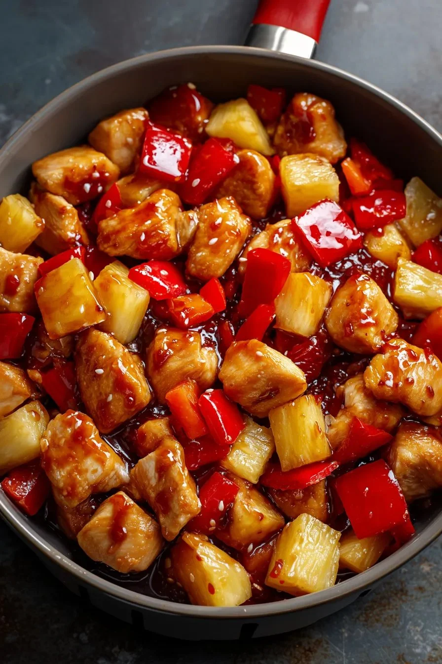 Juicy Air Fryer Pineapple Chicken garnished with fresh herbs on a plate