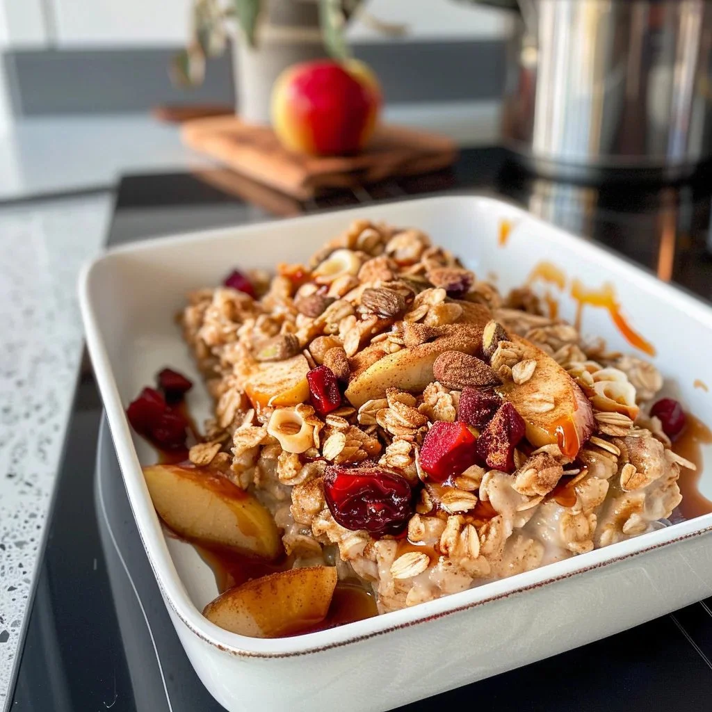 Bowl of apple cinnamon oatmeal topped with fresh apple slices and a sprinkle of cinnamon