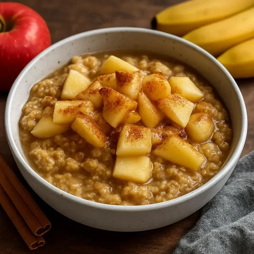 Bowl of delicious Apple Cinnamon Oatmeal topped with fresh apple slices