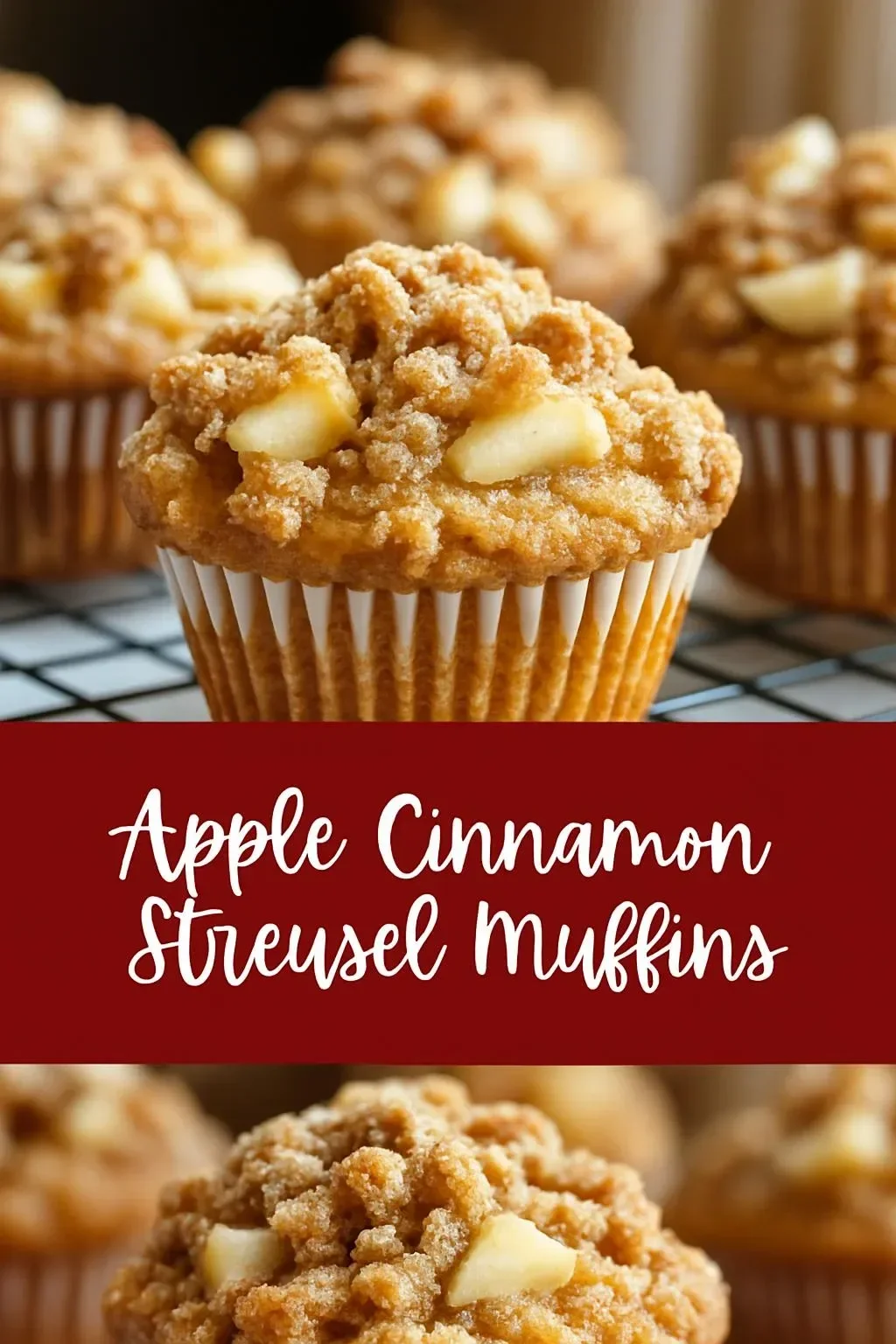 Freshly baked apple cinnamon streusel muffins on a cooling rack