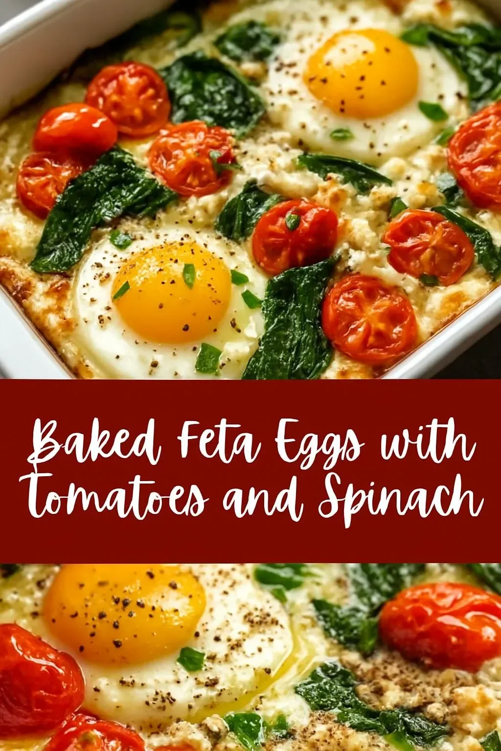 Baked feta eggs with tomatoes and spinach served on a plate