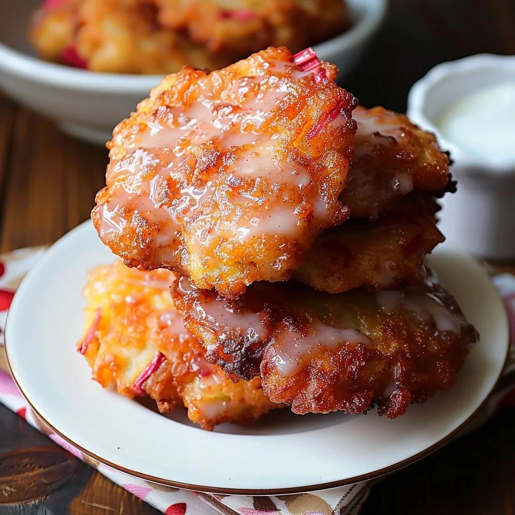Baked rhubarb cinnamon fritters on a plate garnished with powdered sugar.