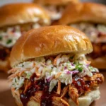 BBQ chicken sliders served with tangy coleslaw on a wooden platter