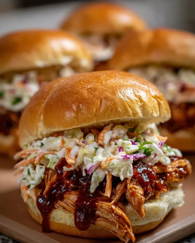 BBQ chicken sliders served with tangy coleslaw on a wooden platter