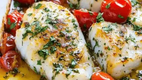 Delicious baked cod with tomato herb butter on a plate