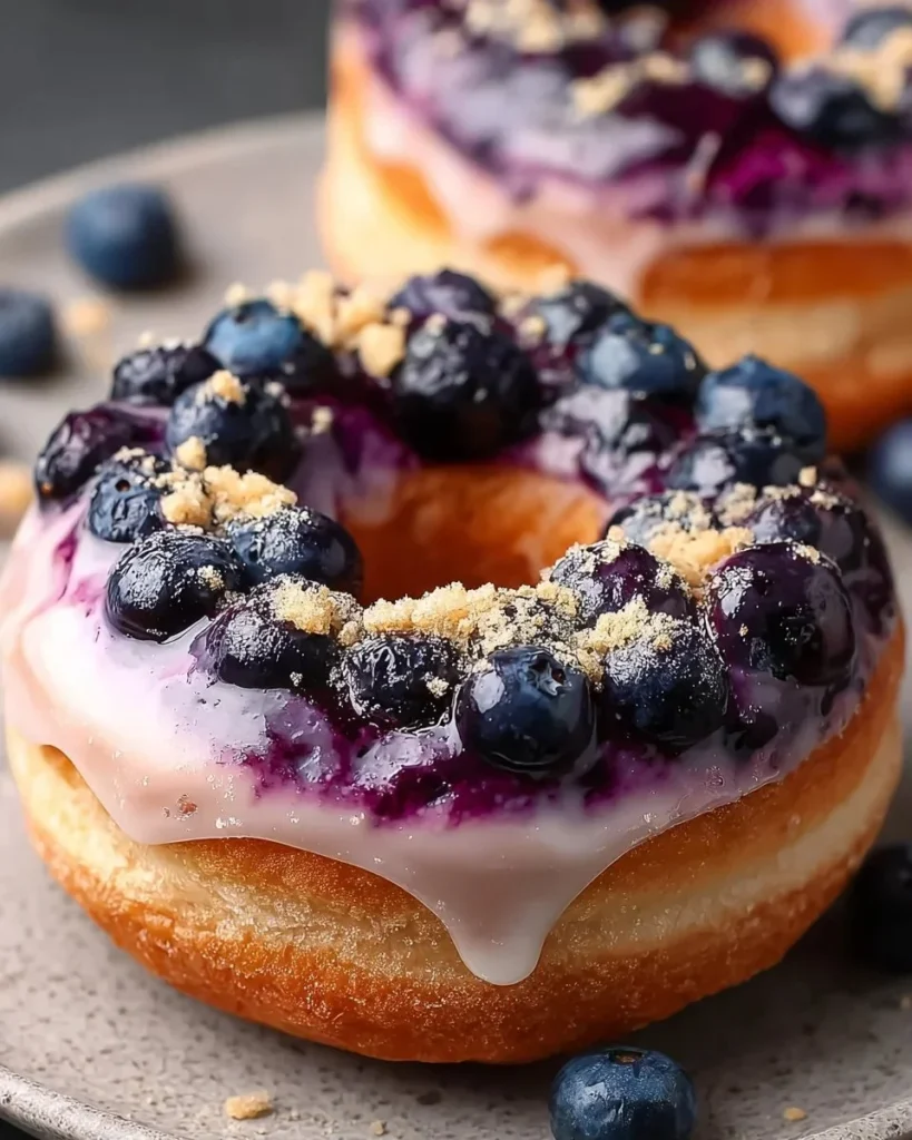 Fresh blueberry glazed donut with a luscious blueberry icing on top