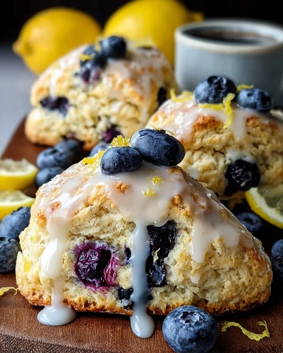 Freshly baked blueberry lemon scones with a golden crust and tart blueberries