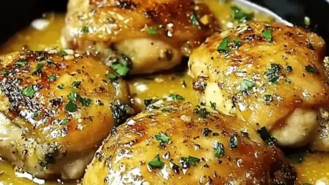 Bobby Flay's chicken thighs served in creamy garlic sauce on a plate
