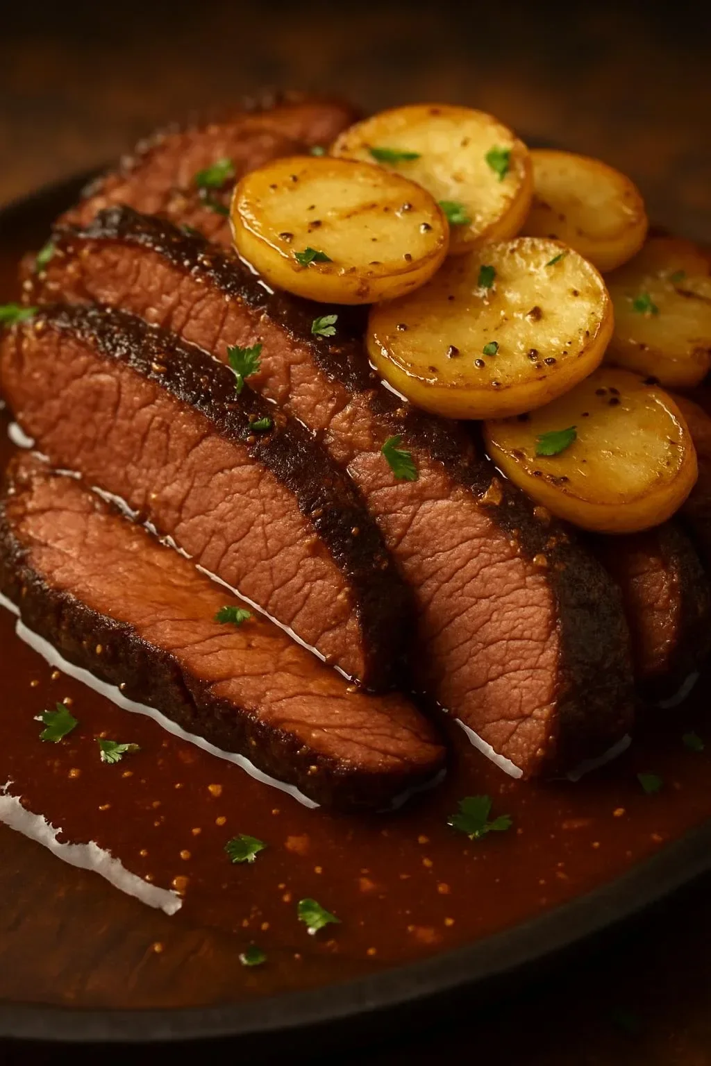 Delicious braised corned beef brisket served with vegetables