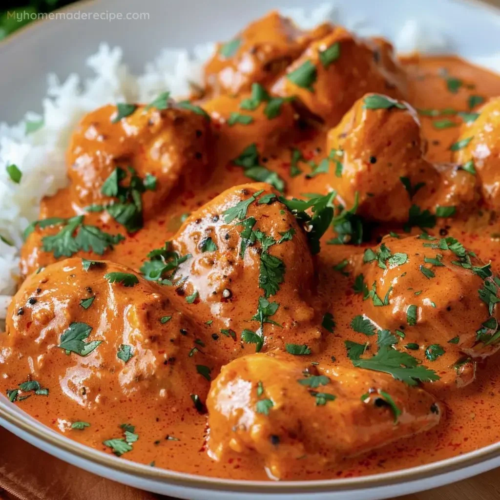 Delicious butter chicken served with rice and naan bread