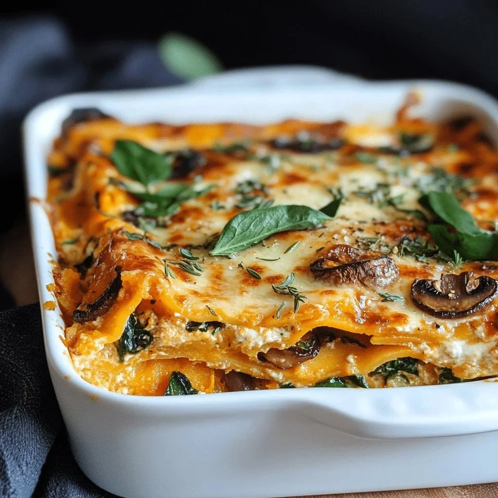 Delicious butternut squash lasagna layered with ricotta and marinara sauce.