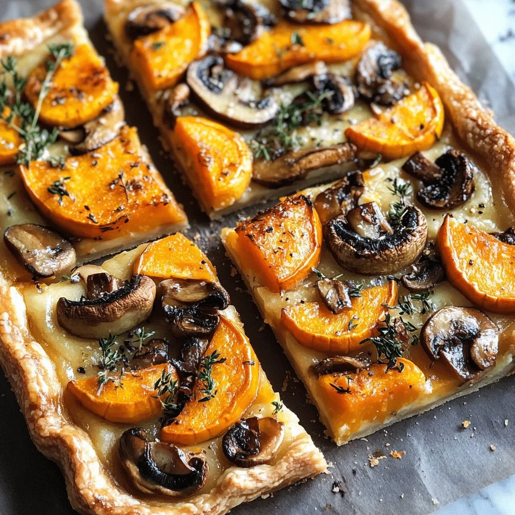 Delicious butternut squash and mushroom tart served on a wooden table