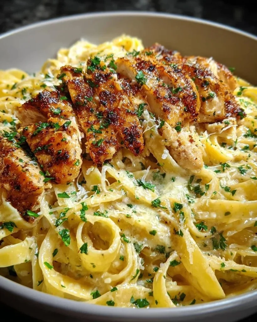 A delicious plate of Cajun Chicken Fettuccine Alfredo topped with fresh herbs.