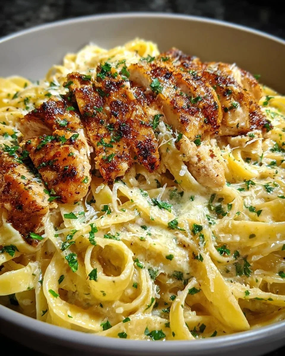 A delicious plate of Cajun Chicken Fettuccine Alfredo topped with fresh herbs.