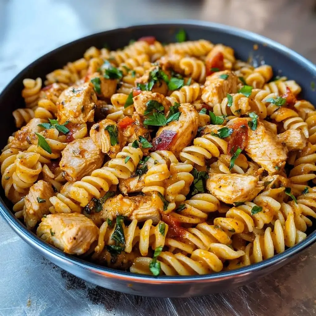 Delicious Cajun Chicken Rotini served on a plate with fresh herbs.