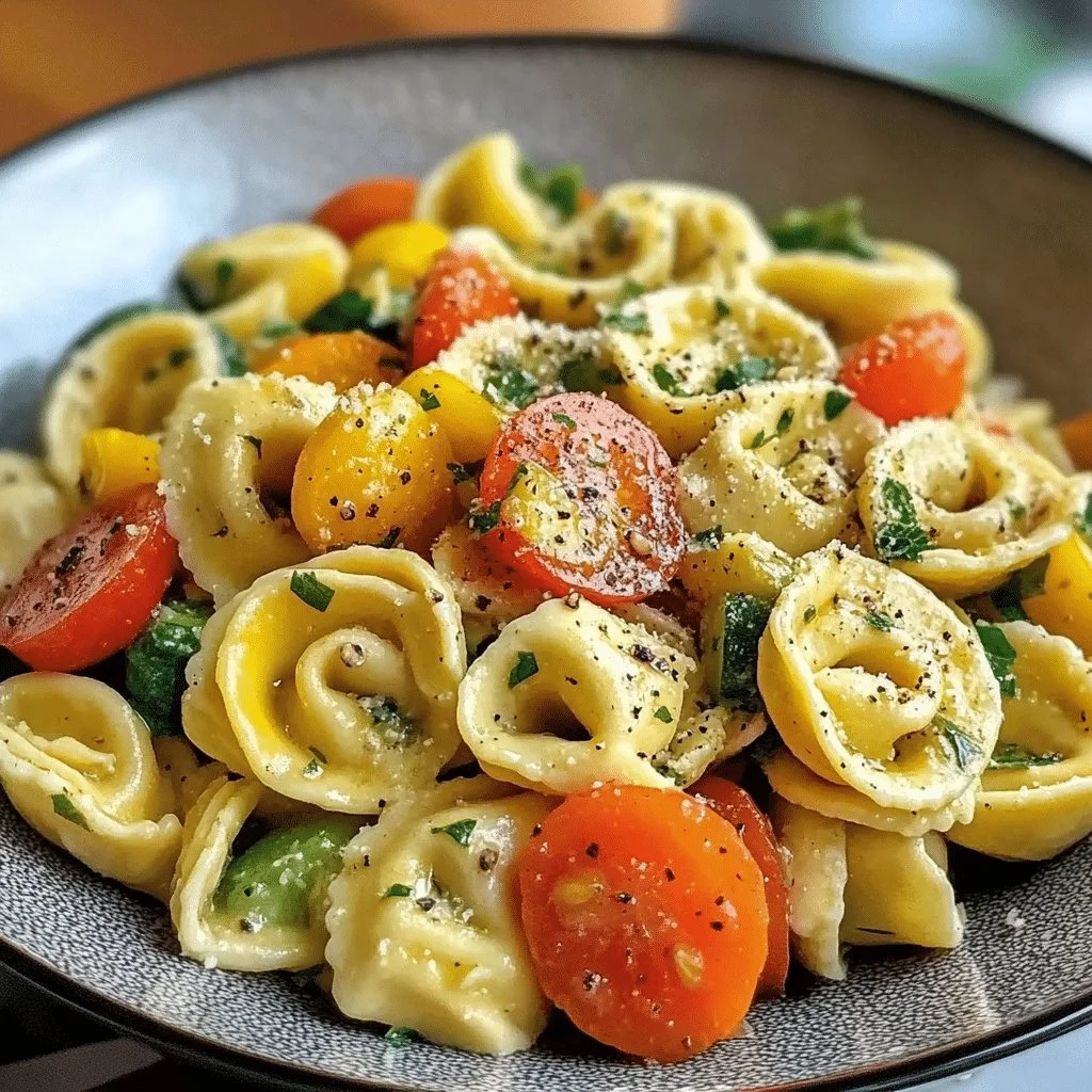 Cheese tortellini tossed with fresh summer vegetables in a vibrant dish.