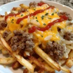 Cheeseburger casserole topped with crispy French fries and melted cheese