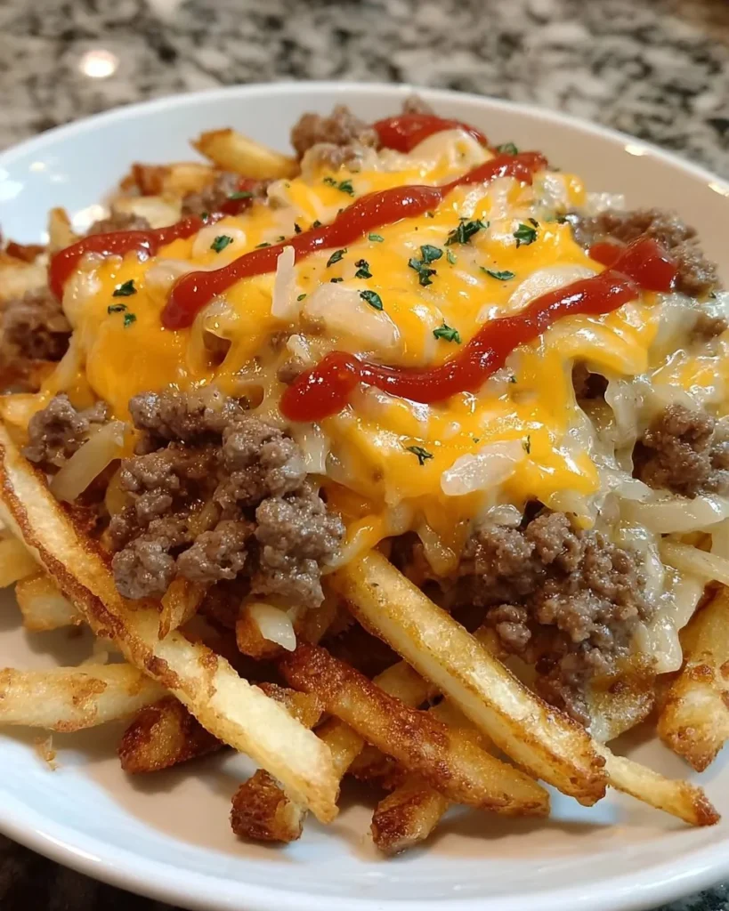 Cheeseburger casserole topped with crispy French fries and melted cheese