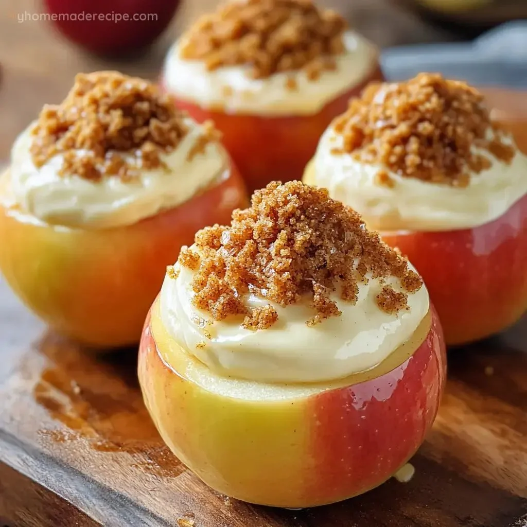 Cheesecake stuffed baked apples topped with caramel drizzle and nuts.