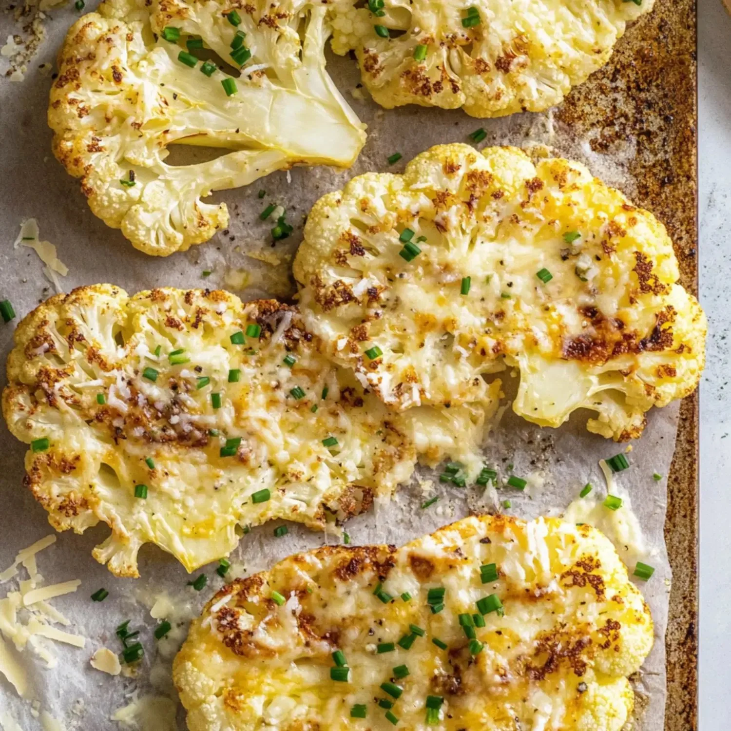 Cheesy cauliflower steaks, a delicious vegetarian dish featuring baked cauliflower slices.