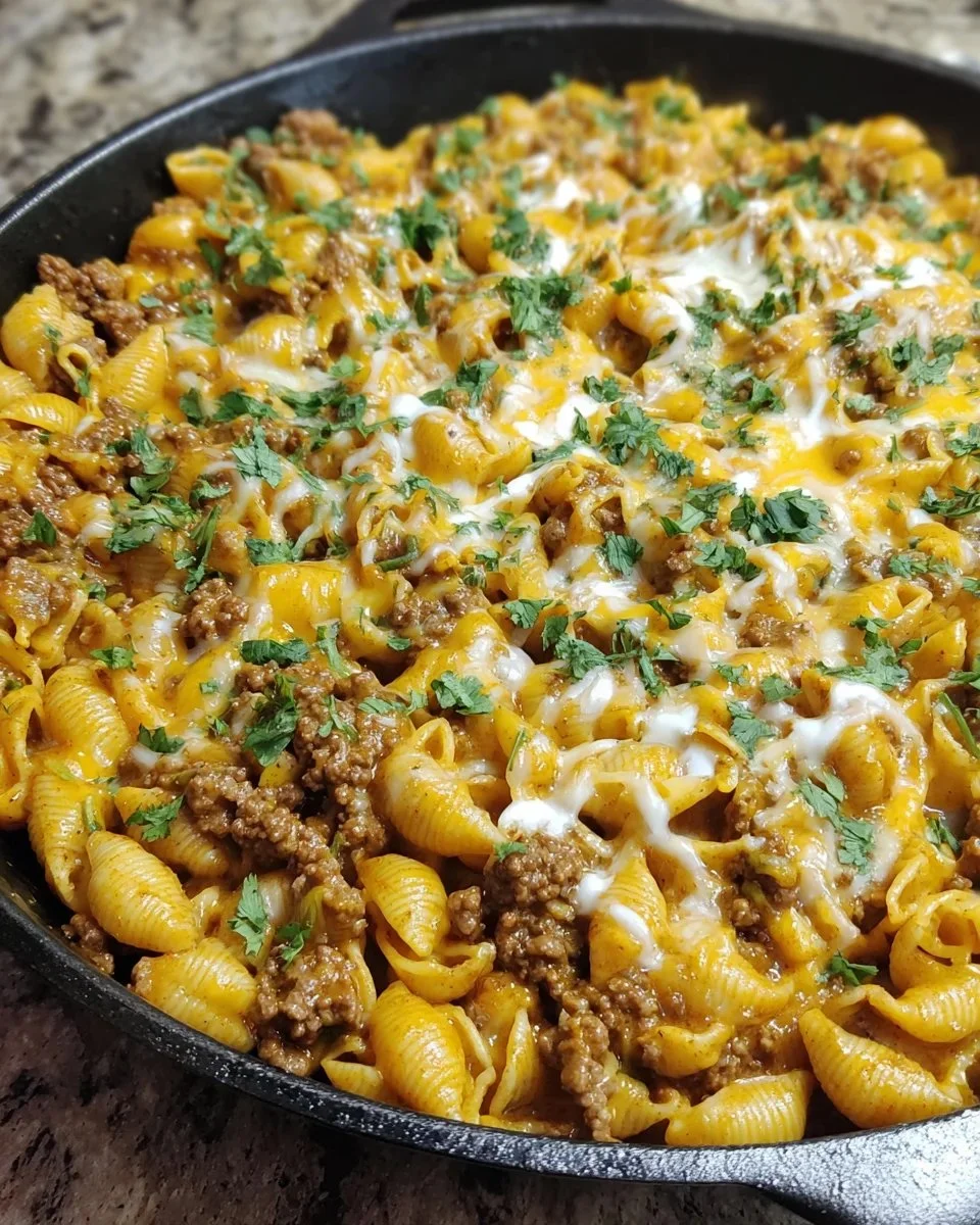 Cheesy Enchilada Hamburger Helper dish served in a bowl with toppings
