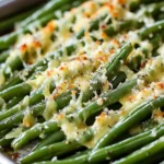 Cheesy Garlic Green Beans served in a bowl, garnished with herbs.
