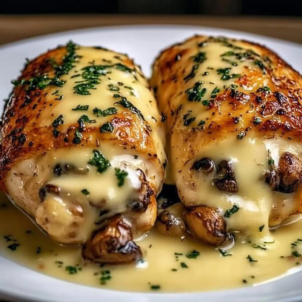 Cheesy garlic mushroom chicken with creamy sauce and herbs