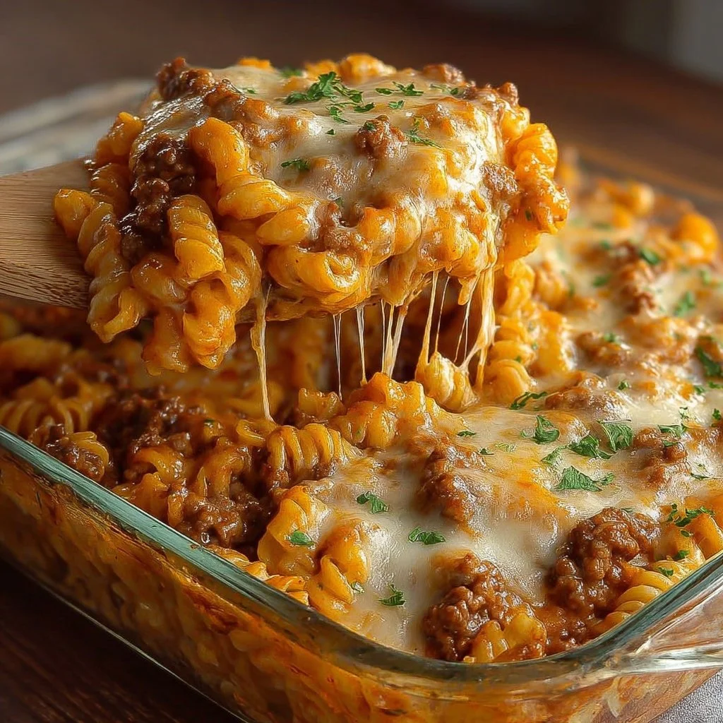 Delicious cheesy hamburger casserole with layers of flavor and melty cheese