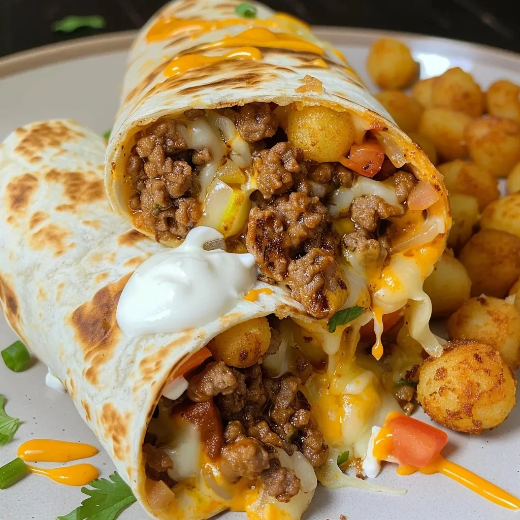 Cheesy potato burritos served as a comfort meal in a cozy setting.