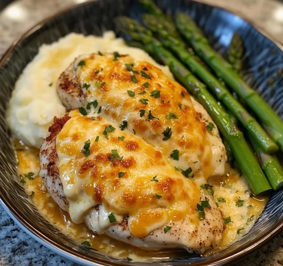 Cheesy Ranch Chicken Dinner with creamy sauce and side vegetables