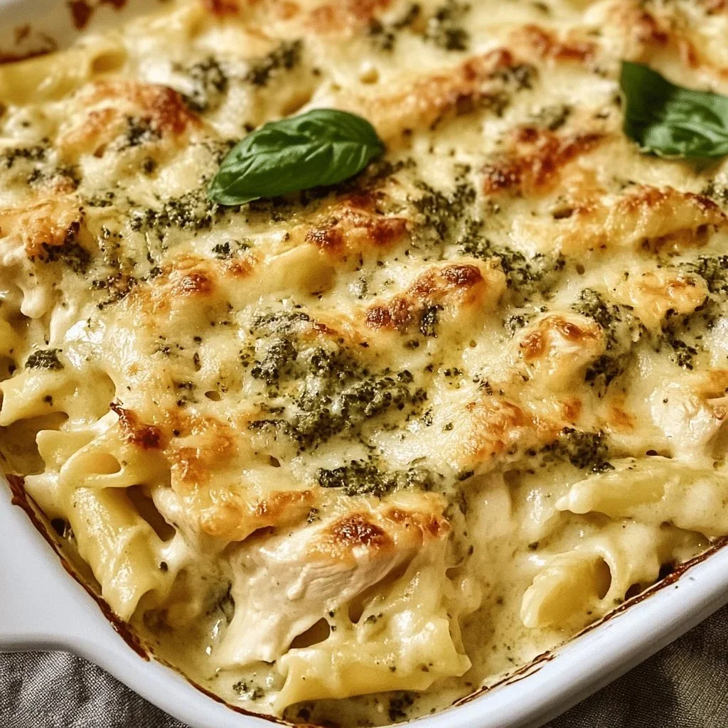 Chicken Alfredo Casserole with Spinach and Pesto in a baking dish