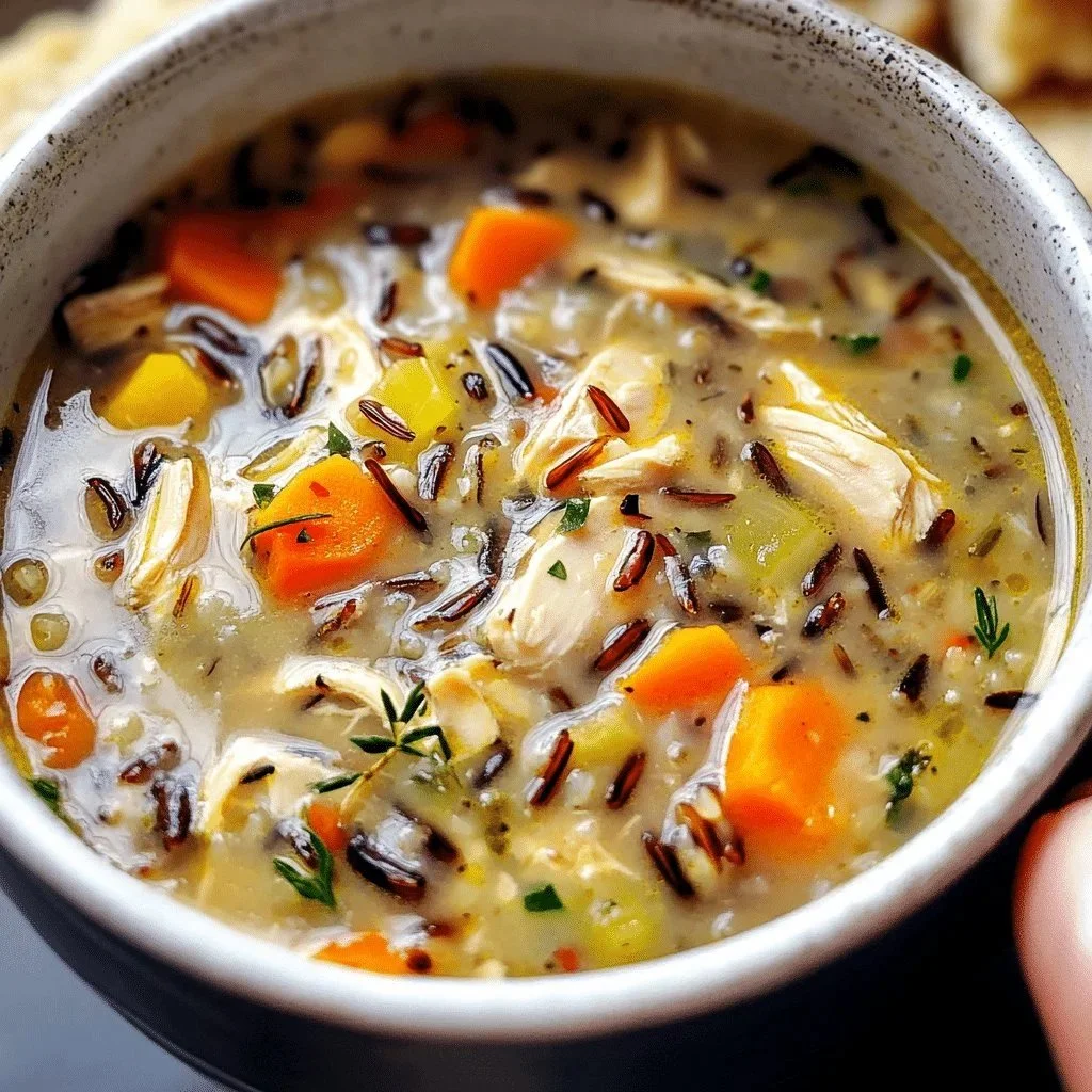 Bowl of hearty chicken and wild rice soup garnished with fresh herbs