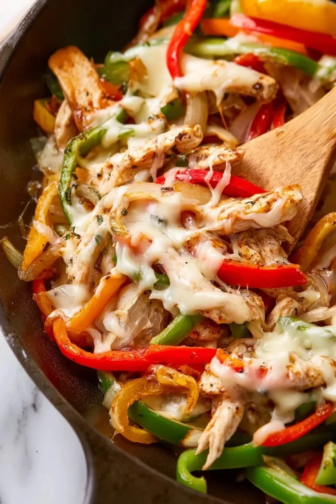 Delicious Chicken Cheesesteak Skillet served with peppers and onions