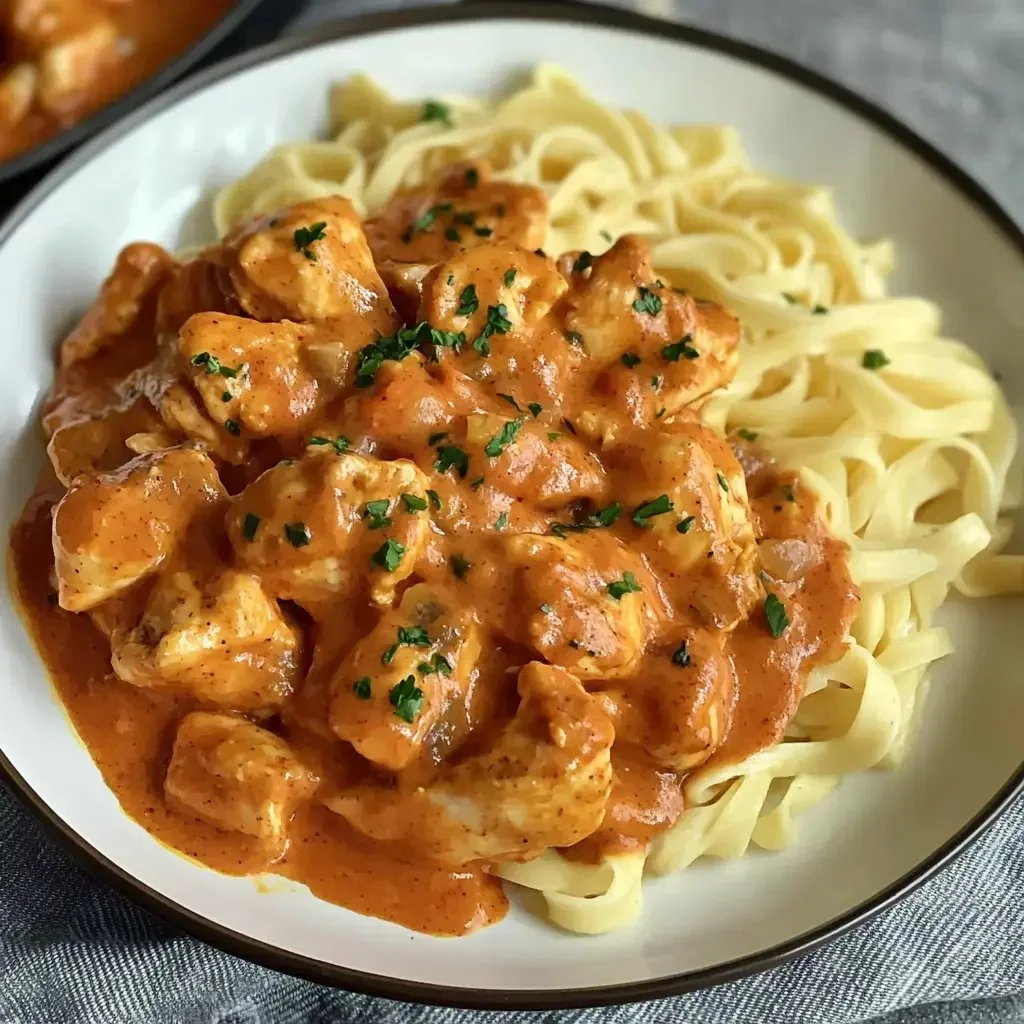 Delicious Chicken Paprikash served with creamy sauce and paprika seasoning