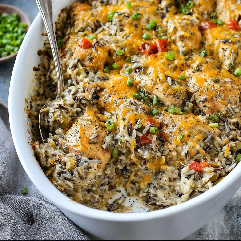 Delicious Chicken Wild Rice Casserole with creamy sauce and fresh ingredients